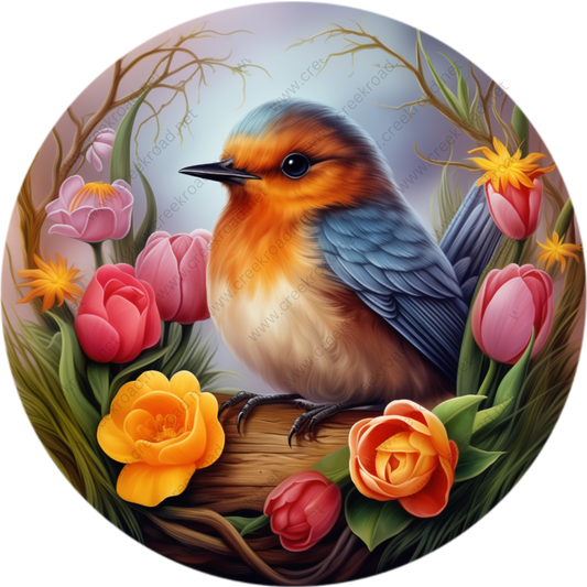 A colorful bird perches on a branch amidst a vibrant array of flowers, including pink roses, yellow roses, and orange and red roses.