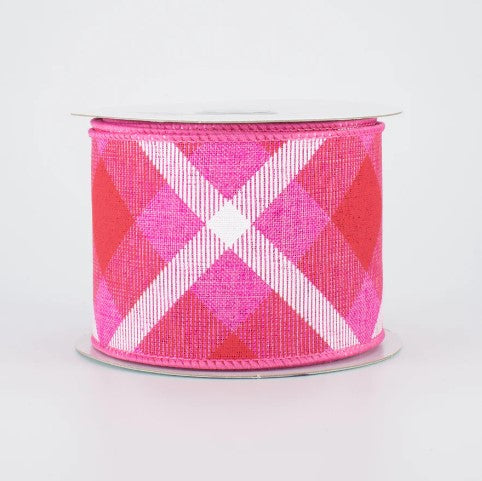 a pink and white plaid ribbon on a white background