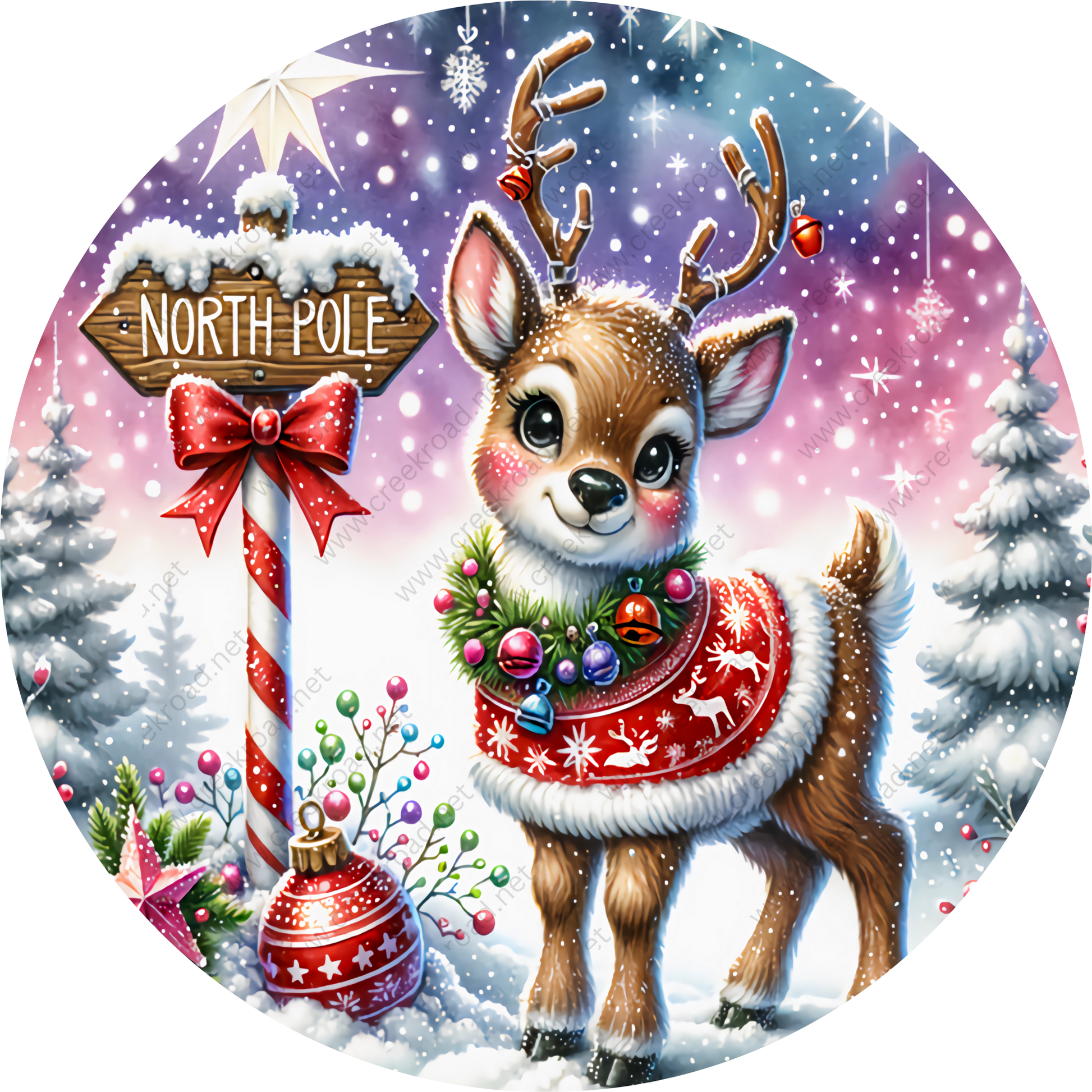 A cheerful Christmas scene featuring a cute deer wearing a red and white outfit, surrounded by festive decorations such as a snow globe, a Christmas tree, and a sign that reads "NORTH P Pole".