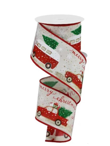A Christmas-themed ribbon with a red and white design featuring a red and white van, a Christmas tree, and snowflakes.