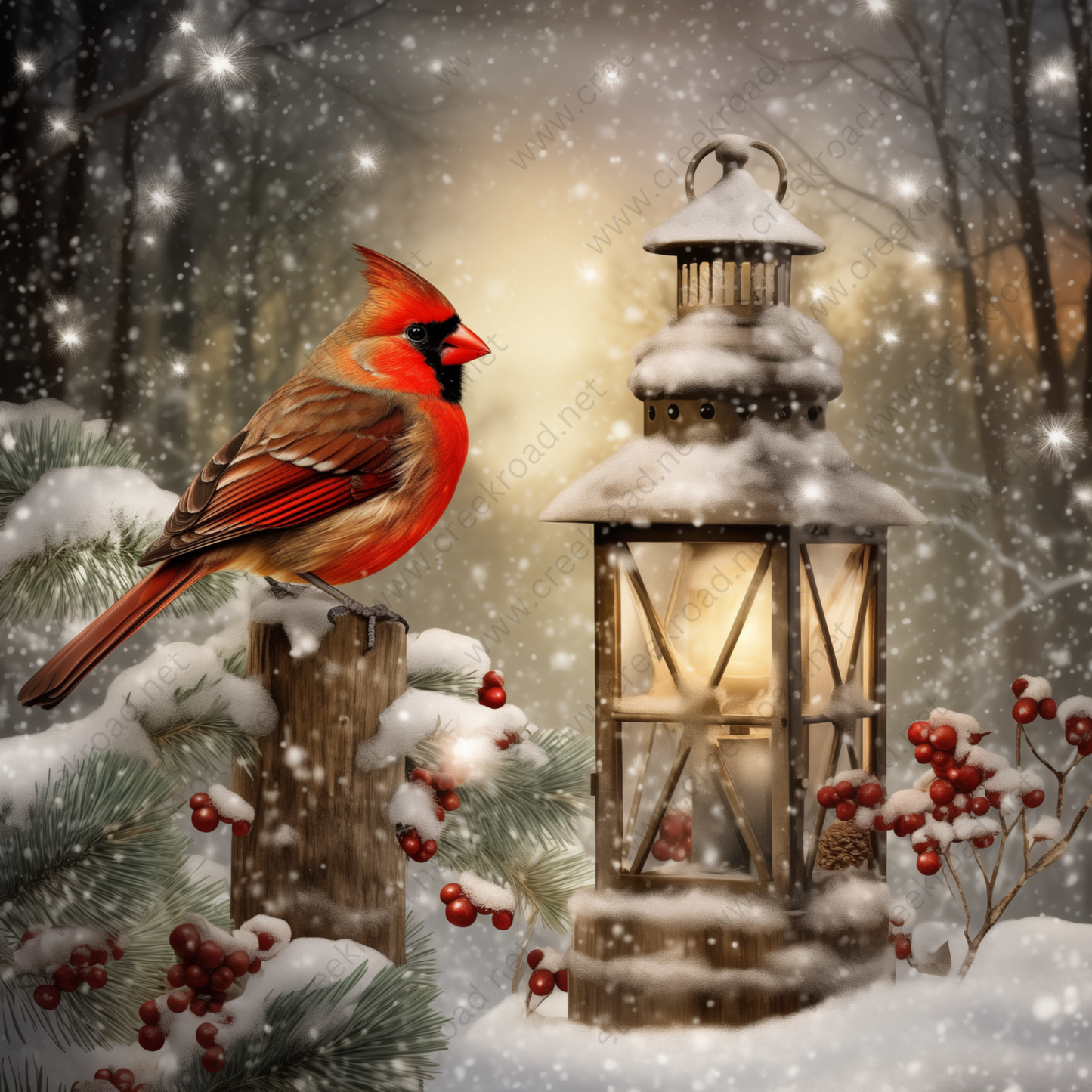 a cardinal sitting on a post in the snow