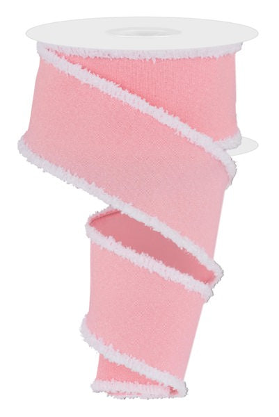 A pink and white ribbon with a fringed edge is shown against a white background.