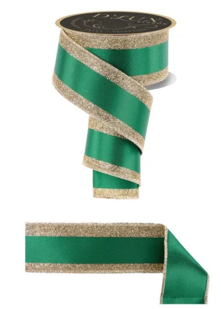 a green and gold ribbon with a metallic sheen.