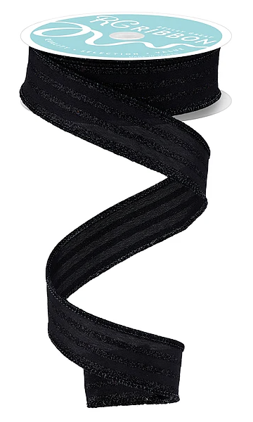 a black ribbon with a spiral pattern, and it is attached to a spool of ribbon.