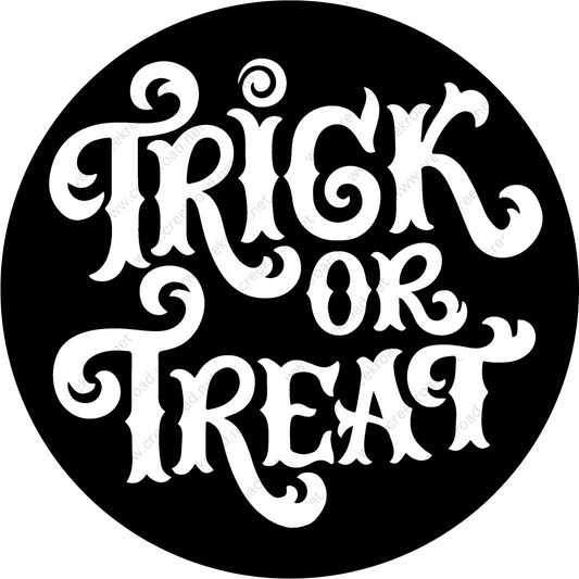 a black and white logo with the words trick or treat