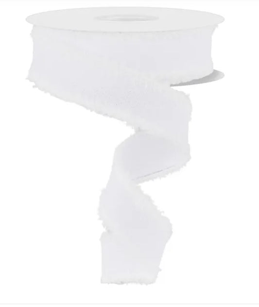 A roll of white, fluffy, and fuzzy ribbon is shown against a white background.