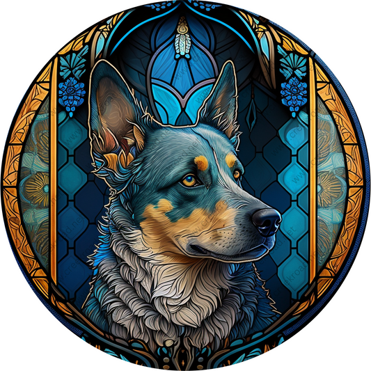 a painting of a dog in a stained glass window