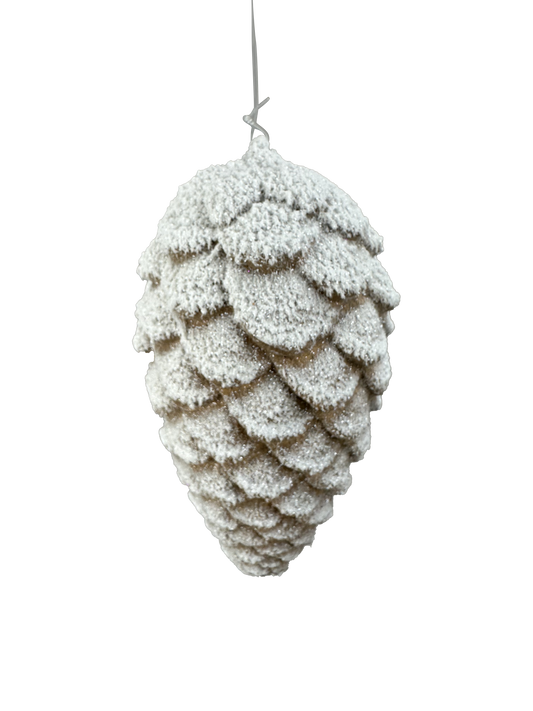 A close-up view of a snow-covered pine cone, with its intricate scales and textures clearly visible against a neutral background.