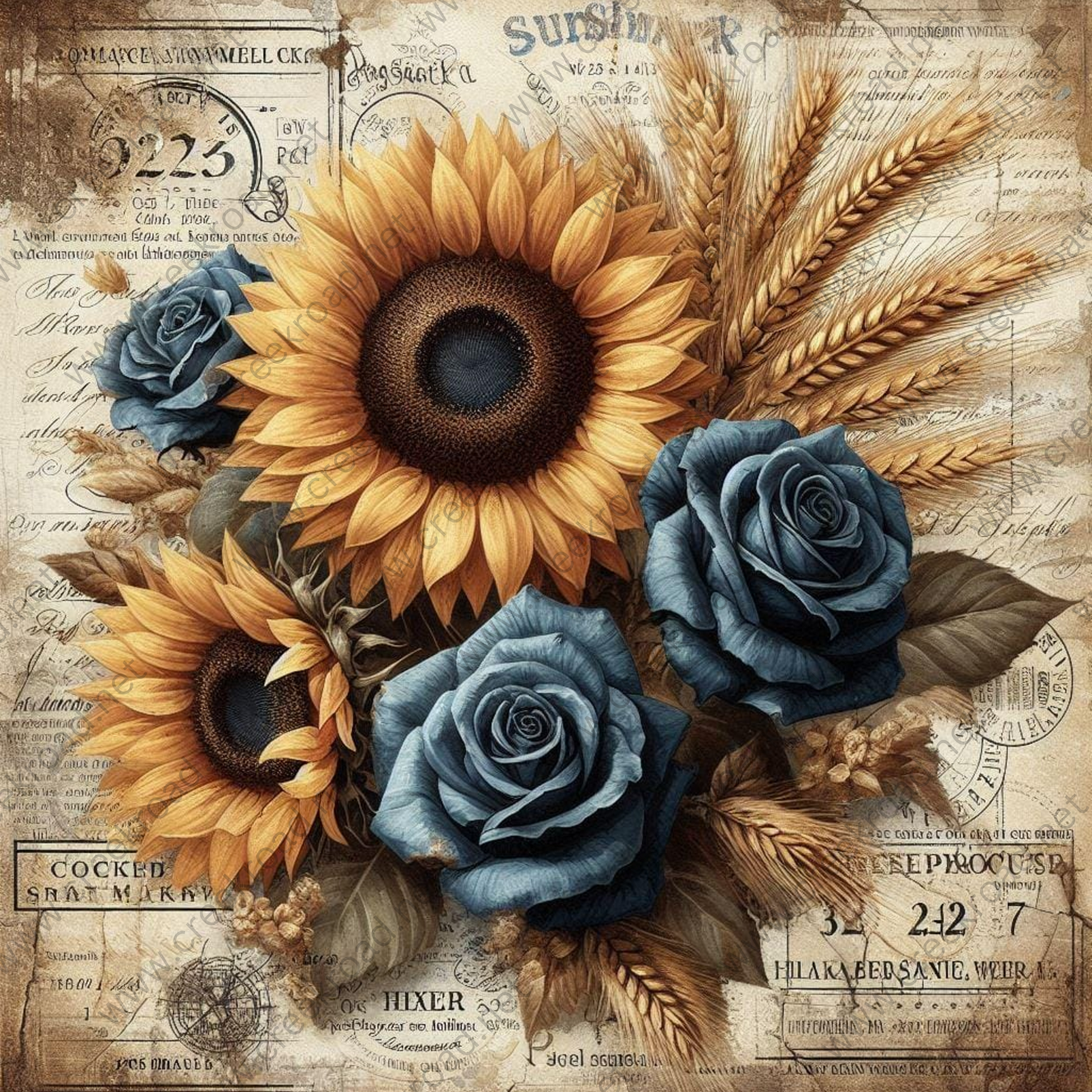 a painting of sunflowers and blue roses