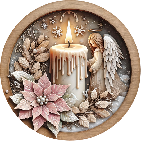 a picture of a candle with angel wings and a poinsettia