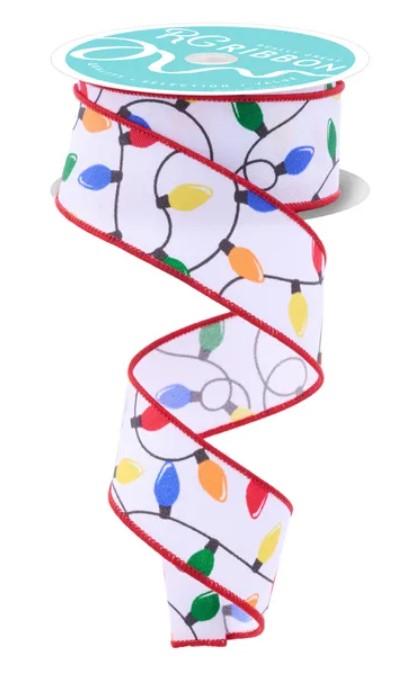 A spiral-shaped ribbon with a pattern of colorful Christmas lights on it.