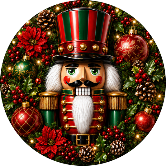 A nutcracker figure surrounded by Christmas decorations, including poinsettias, pine cones, and ornaments.