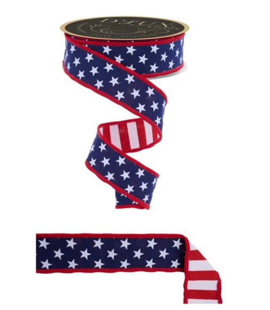 a red and blue ribbon with white stars, which appears to be a decorative item.
