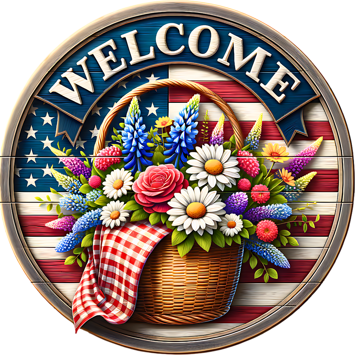 A circular welcome sign with a basket of colorful flowers and a red and white checkered cloth.