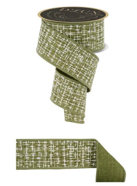 a roll of green and white tweed ribbon with a black label.