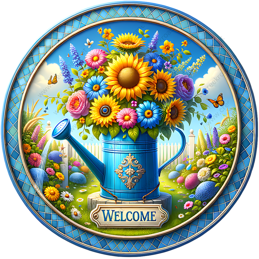 A blue watering can filled with a variety of colorful flowers, including sunflowers, roses, and daisies, is surrounded by a garden scene with a blue fence and a sign that says "Welcome".