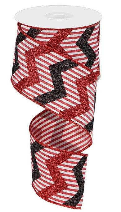 A spiral-shaped red and black glitter ribbon with a zigzag pattern.