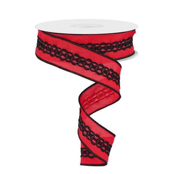 A red and black spiral-shaped ribbon with a black lace-like pattern on it.