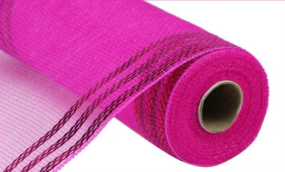 A roll of bright pink mesh material with a black grid pattern.