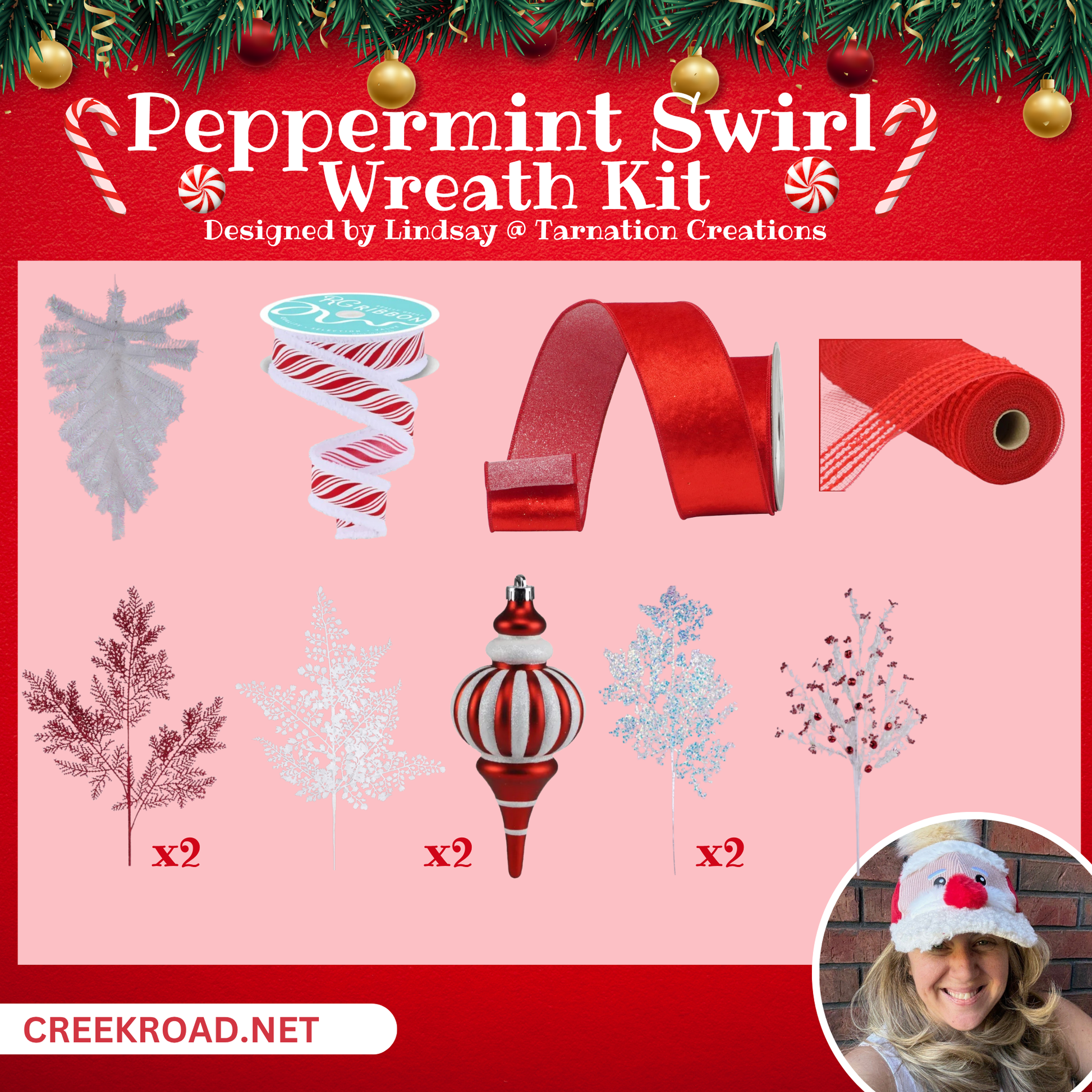 The image is a collage of Christmas-themed images, including a peppermint swirl wreath kit, a red ribbon, a red and white striped ornament, a white snowflake ornament, and a red and white striped ornament. The collage also features a photo of a smiling woman wearing a Santa hat.
