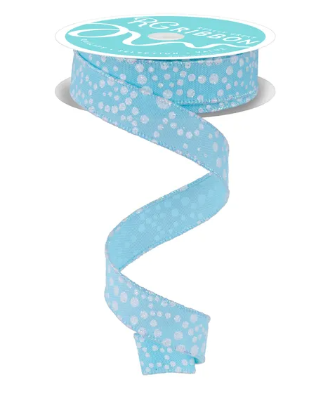 A blue and white polka dot ribbon is shown, with the ribbon winding around itself in a spiral pattern.