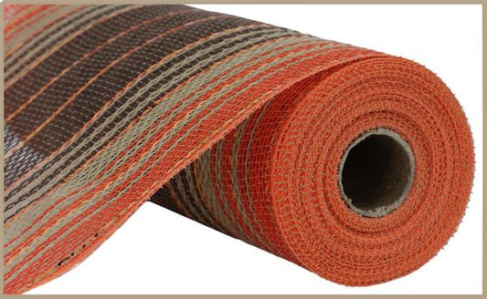 a roll of orange and brown striped fabric