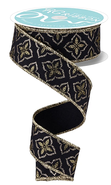 a black and gold floral patterned ribbon with a gold border.