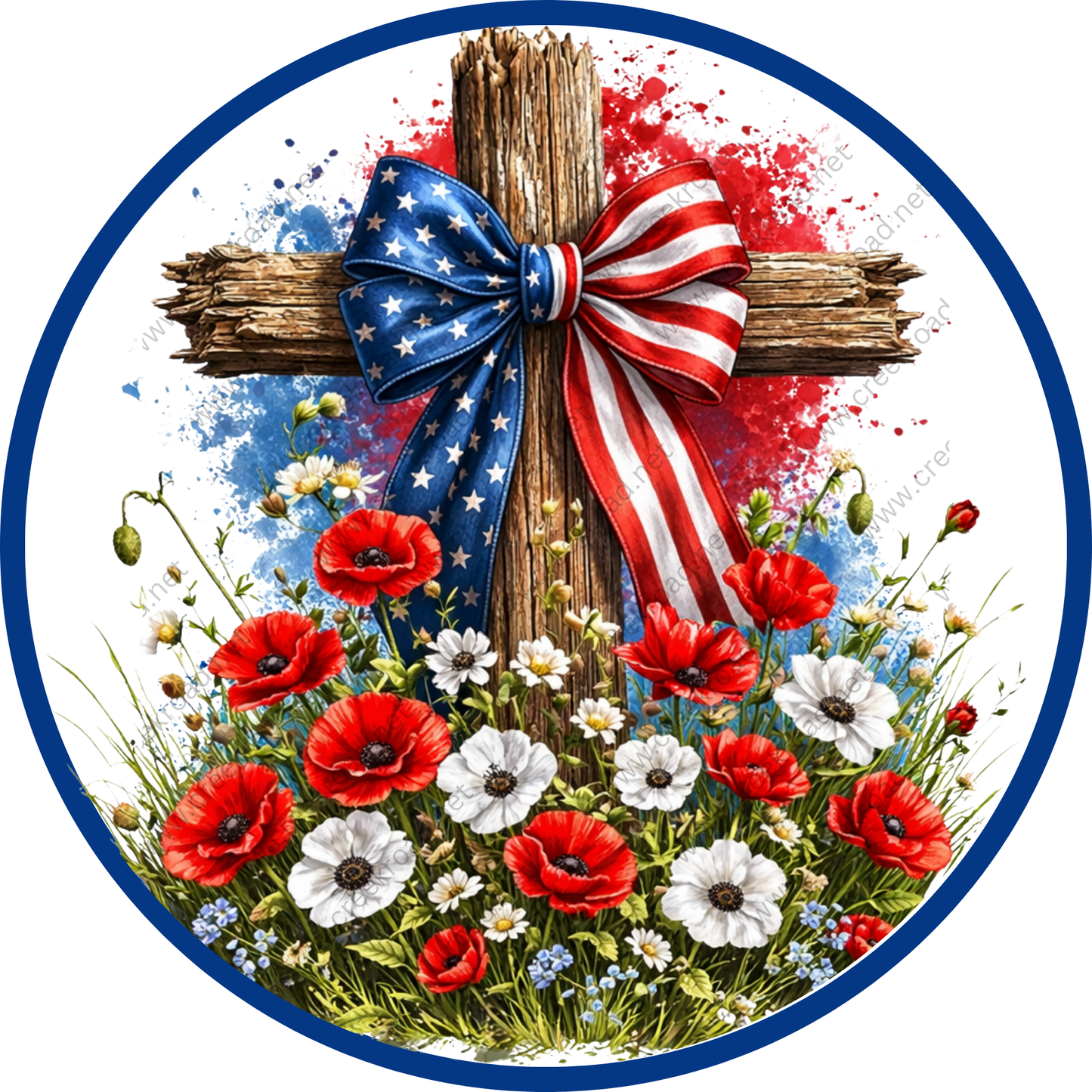 A wooden cross adorned with an American flag and surrounded by a vibrant bouquet of red poppies, white daisies, and red roses.