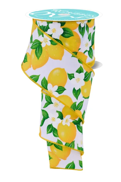 A roll of ribbon with a lemon and flower pattern printed on it.