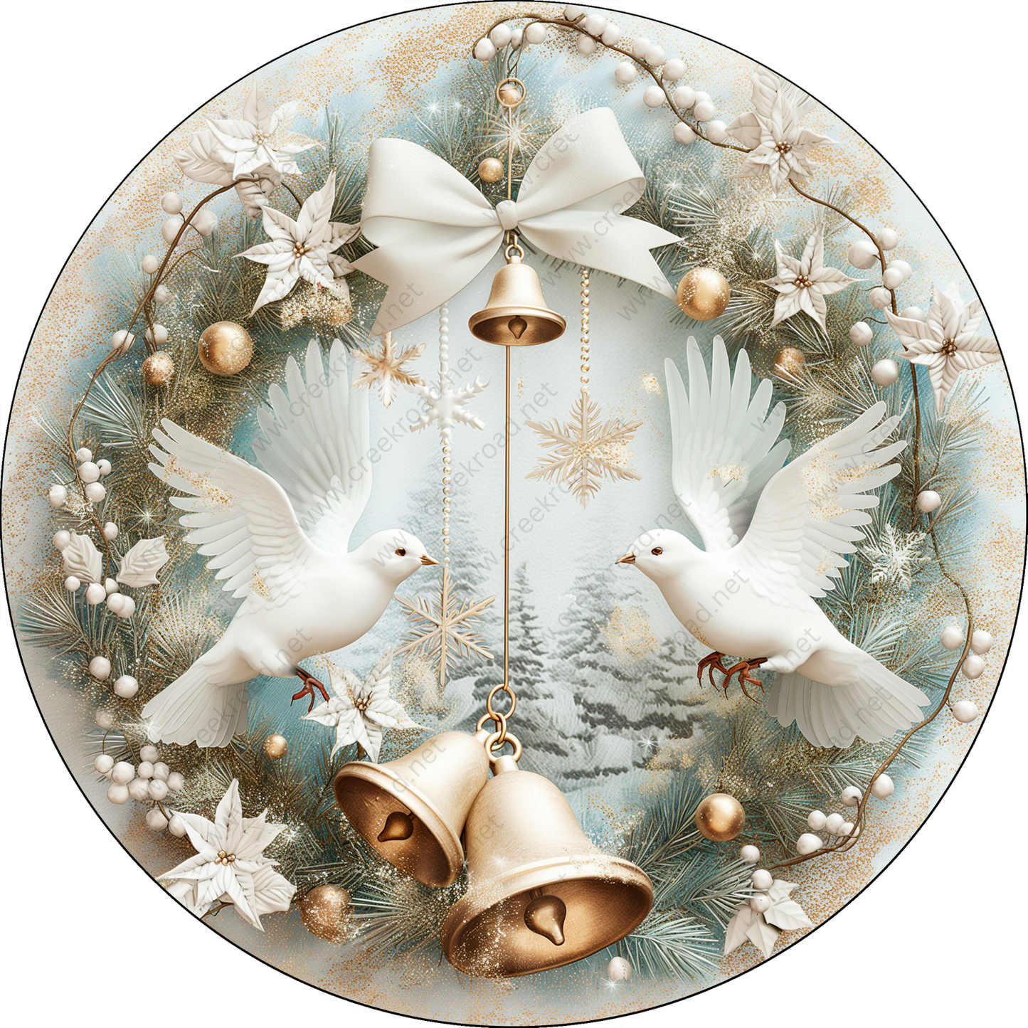 A round wreath adorned with white doves, bells, and snowflakes, creating a festive and elegant Christmas scene.