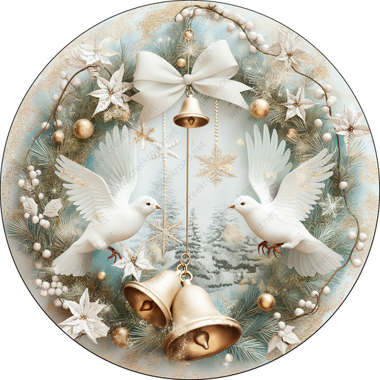 A round wreath adorned with white doves, bells, and snowflakes, creating a festive and elegant Christmas scene.