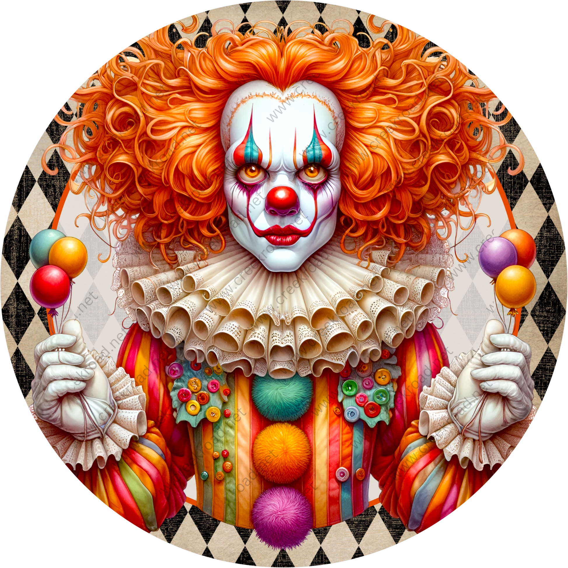 A colorful and whimsical illustration of a clown with an elaborate costume, red wig, and makeup, holding balloons and surrounded by a checkered pattern.