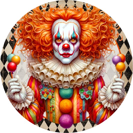 A colorful and whimsical illustration of a clown with an elaborate costume, red wig, and makeup, holding balloons and surrounded by a checkered pattern.
