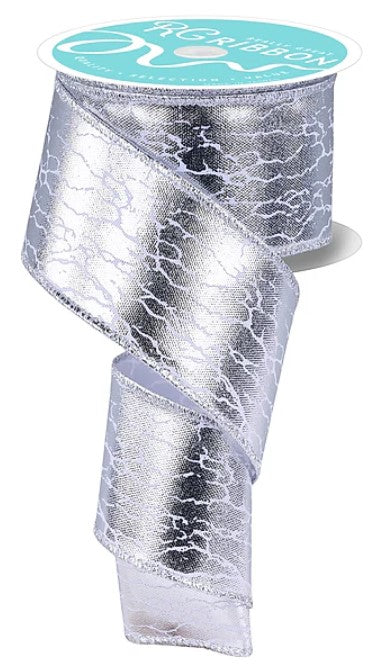 A silver metallic ribbon with a textured pattern, displayed against a white background.