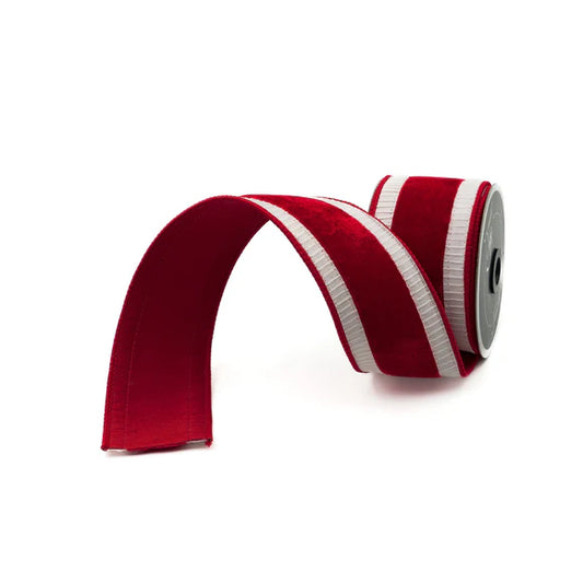 A roll of red and white ribbon is shown against a white background.