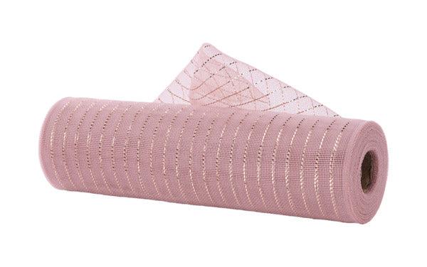 A roll of pink mesh with a metallic pattern is shown against a white background.