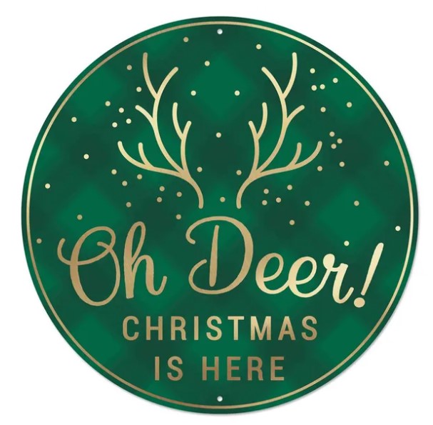 A green circular sign with gold text and a deer antler design.