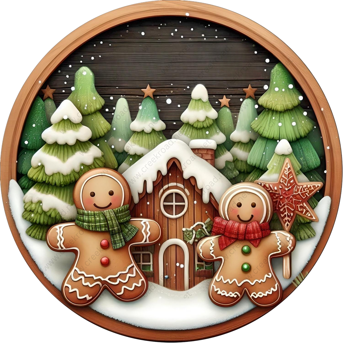 a christmas scene with gingerbreads and a ginger house