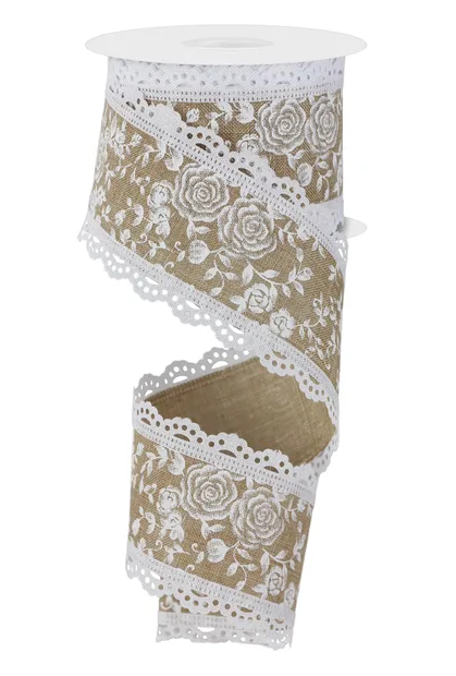 A decorative ribbon with a floral pattern and lace trim.
