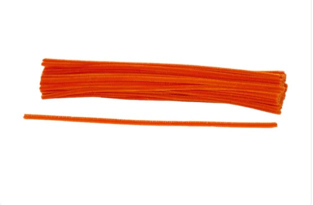 A long, orange pipe cleaner is shown next to a shorter, orange pipe cleaner on a white background.