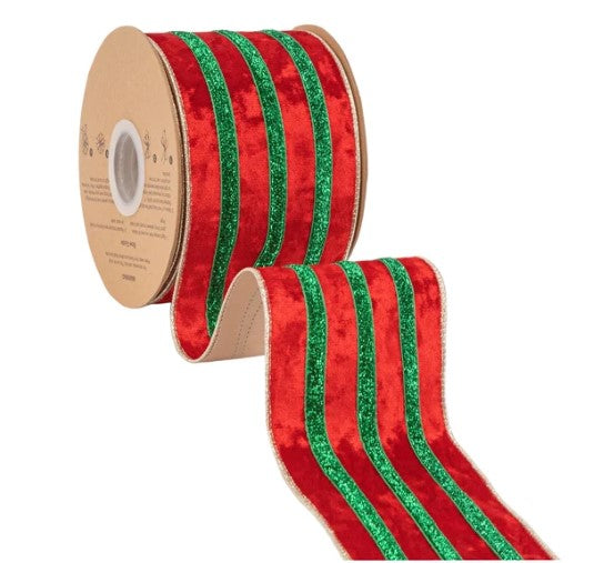 A roll of red and green glittery ribbon with a zigzag pattern.