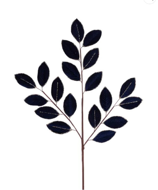 A branch with dark blue leaves, arranged in a stylized manner.