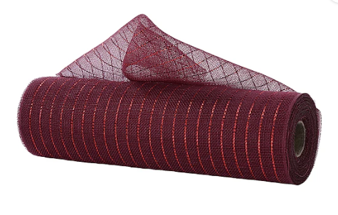 A roll of burgundy mesh with a metallic pattern, lying on its side against a white background.