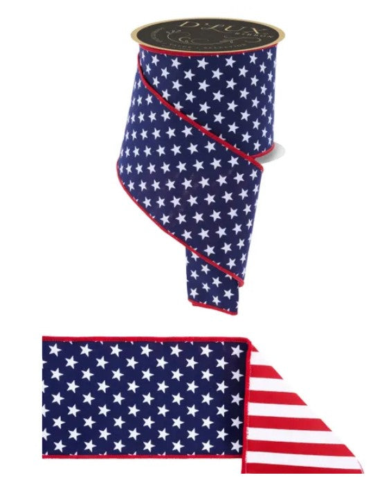 a red and blue ribbon with a pattern of white stars, resembling the American flag. The ribbon is displayed in two different orientations, one standing upright and the other lying flat.