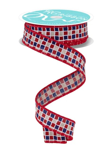 A spiral-shaped ribbon with a pattern of red, white, and blue squares.