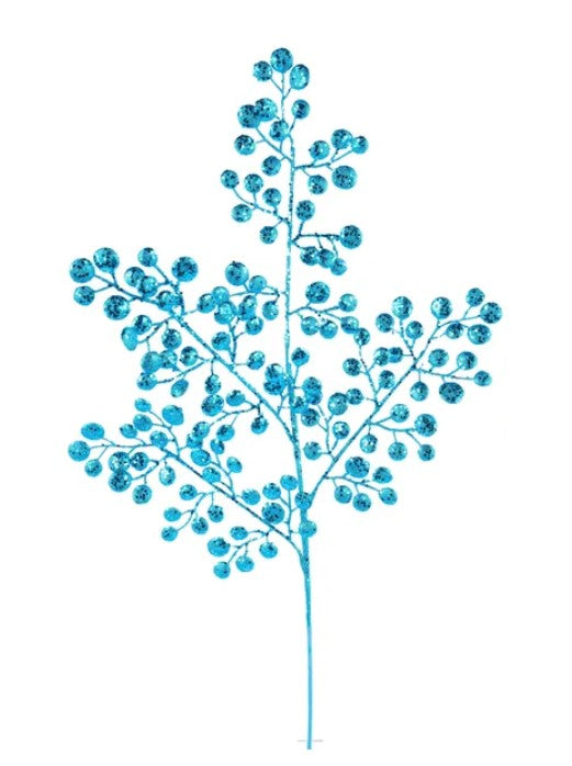 A blue branch with numerous small blue beads or spheres attached to it, creating a visually striking and intricate design.