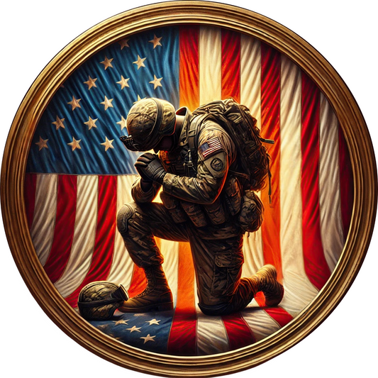 a painting of a soldier kneeling in front of an american flag