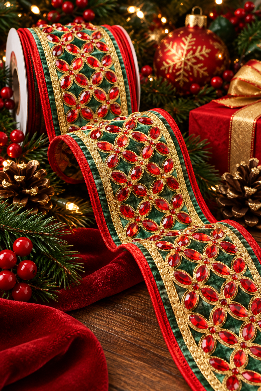 a festive Christmas scene with a red and gold ribbon adorned with red and gold jewels, surrounded by holiday decorations such as a red gift box, pine cones, and a red and gold bow.