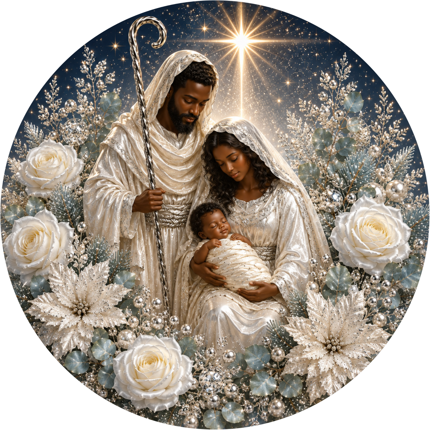 A digital illustration depicting the Holy Family, with a man, a woman, and a baby, surrounded by white flowers and a starry night sky.