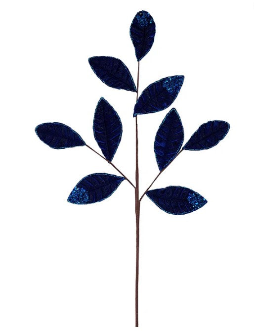 A single, blue leaf-shaped ornament with a brown stem, arranged in a stylized manner against a white background.